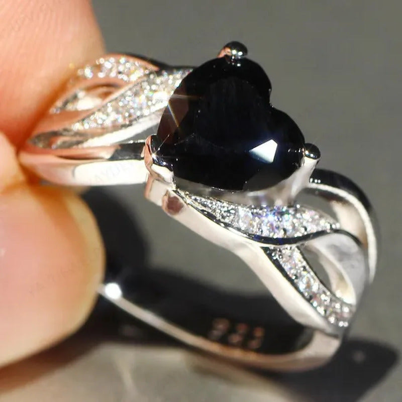 925 Silver Natural Gemstones Black Sapphire Heart Ring Wedding Bride Engagement