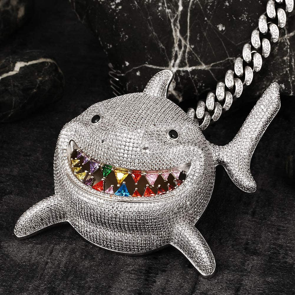 Hip Hop Jewelry 18K Gold Plated 3D Large Shark Pendant Iced Out Premium Zircon F