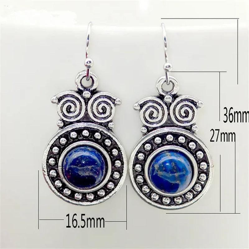 Retro Tibetan Silver Natural Ruby Sapphire Inlay Owl Ear Hook Dangle Earrings Gi