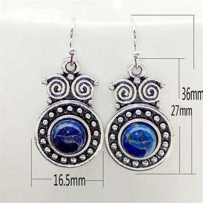 Retro Tibetan Silver Natural Ruby Sapphire Inlay Owl Ear Hook Dangle Earrings Gi