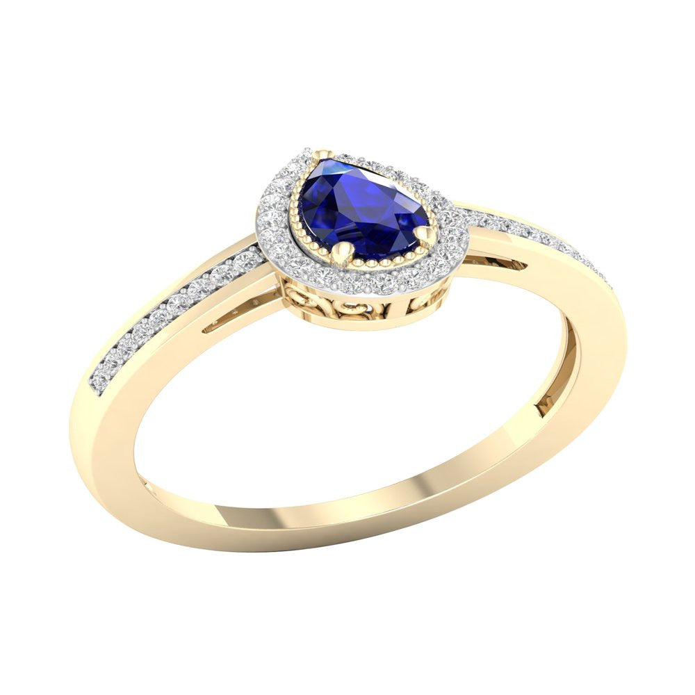 Imperial Gemstone 10K Yellow Gold Pear Blue Sapphire 1/8 CT TW Diamond Halo Wome