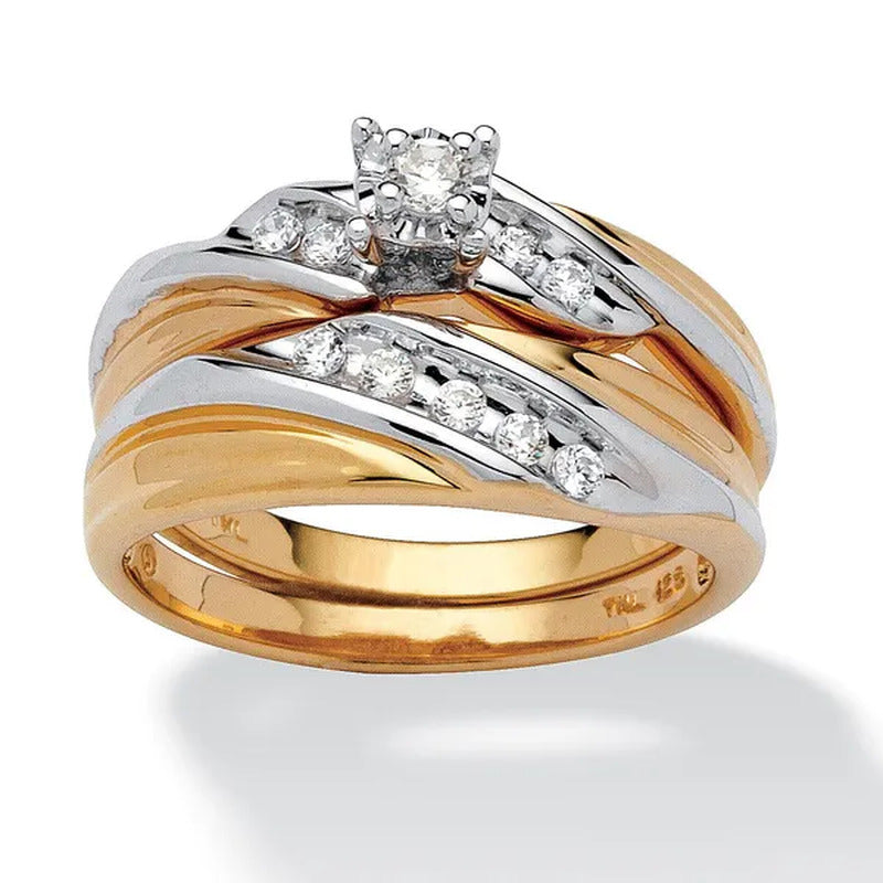 Round Cubic Zirconia Diagonal 2-Piece Wedding Ring Set .24 TCW in Yellow Gold-Pl