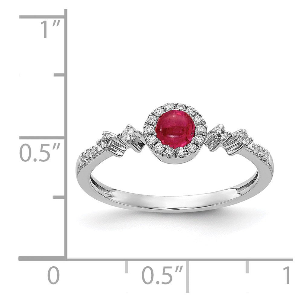 Real 14Kt White Gold Diamond and Cabochon Ruby Halo Ring Size: 7; for Adults and