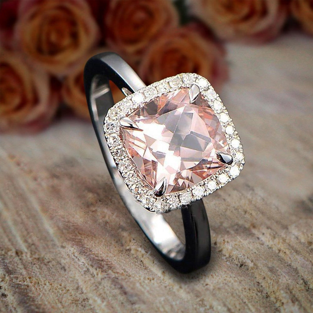 1.25 Carat Cushion Cut Peach Pink Morganite and Diamond Moissanite Halo Engageme