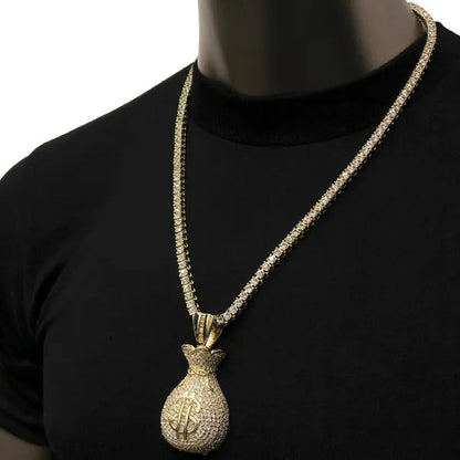 Mens 14K Gold Plated Hip-Hop Large Money Bag Pendant 24" 1 Row Lab Diamond Chain