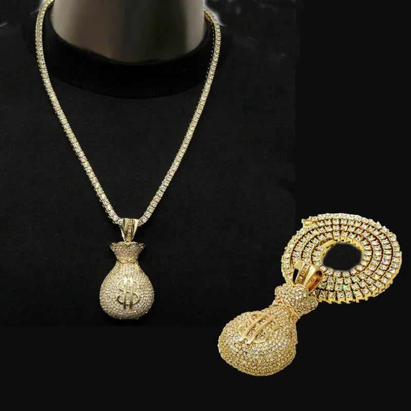 Mens 14K Gold Plated Hip-Hop Large Money Bag Pendant 24" 1 Row Lab Diamond Chain