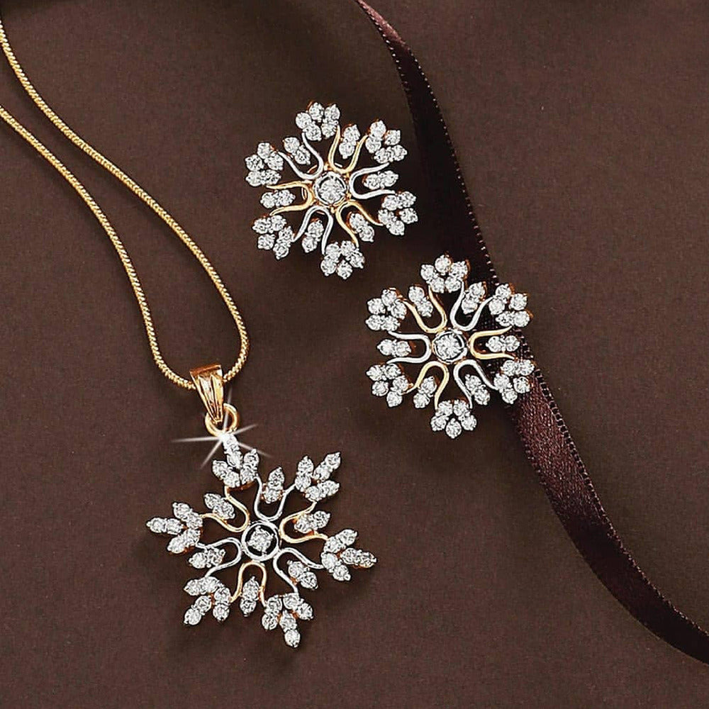 Simple Full Diamond Snowflake Necklace Earring Set