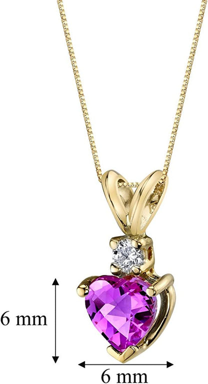 Created Pink Sapphire with Genuine Diamond Pendant in 14 Karat Yellow Gold, Hear