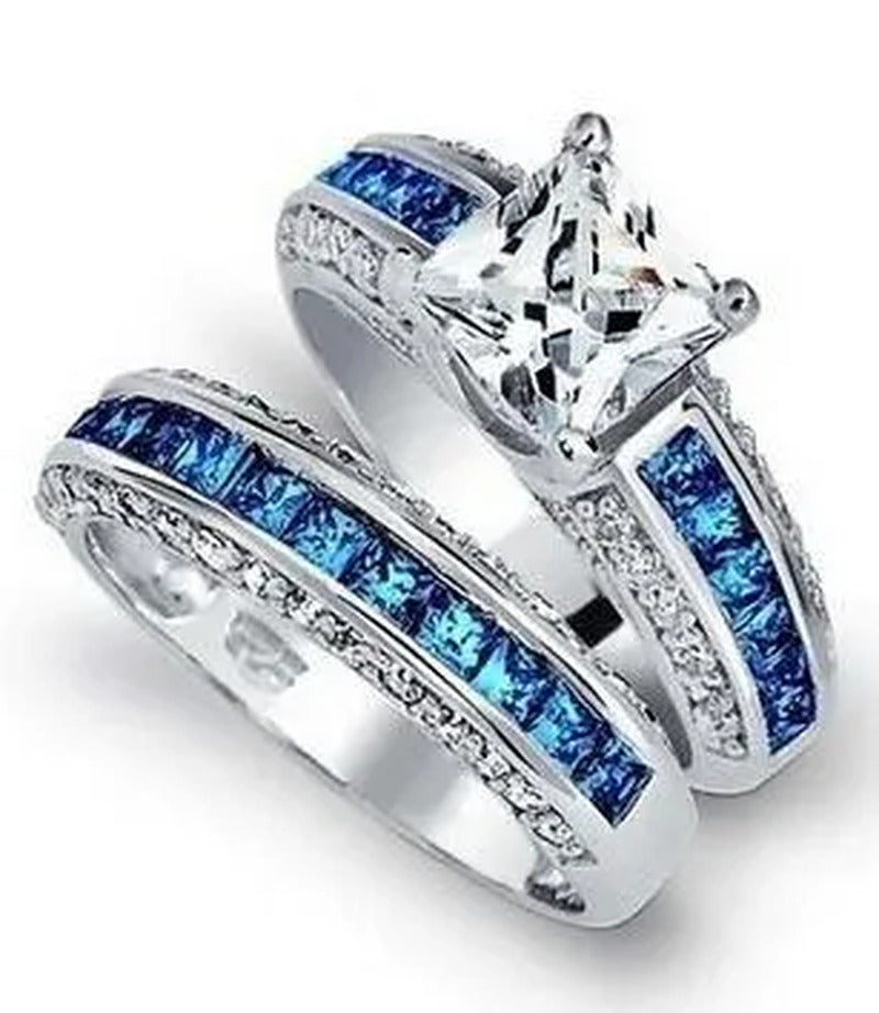 2Pcs Set Princess 925 Sterling Silver White Sapphire & Diamond Wedding Ring