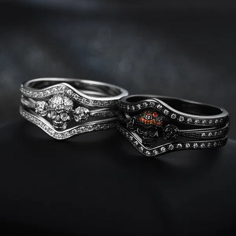 Skull Roses Ring Set Zircon Crystal Black Fashion Wedding Jewelry Gift Rings
