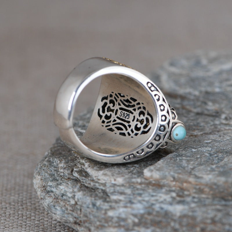 S925 Silver Vintage Craftsmanship Golden Rotatable Six-Character Mantra Ring