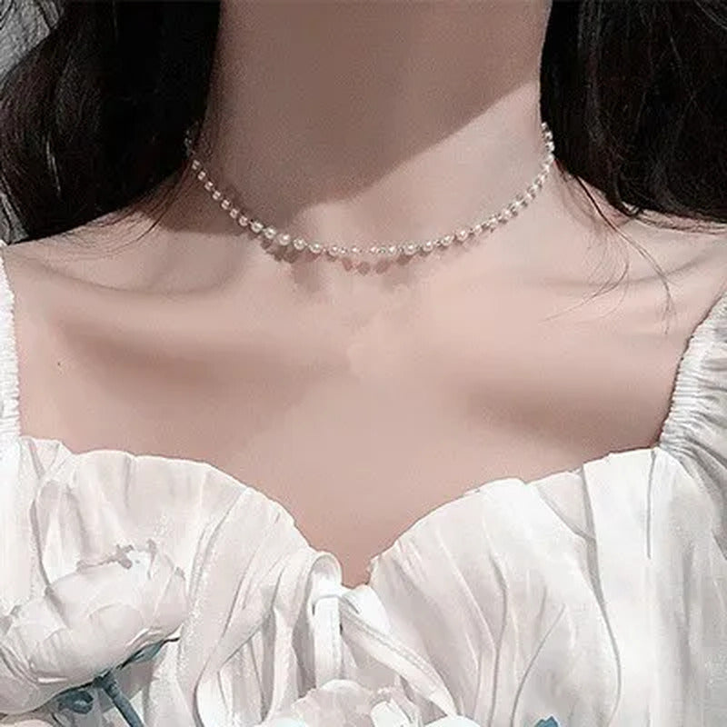 New Beads Women'S Neck Chain Simulation Pearl Necklace Gold Color Goth Chocker J