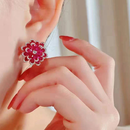 Luxury 100% 925 Sterling Silver Ruby High Carbon Diamonds Gemstone Flower Ear
