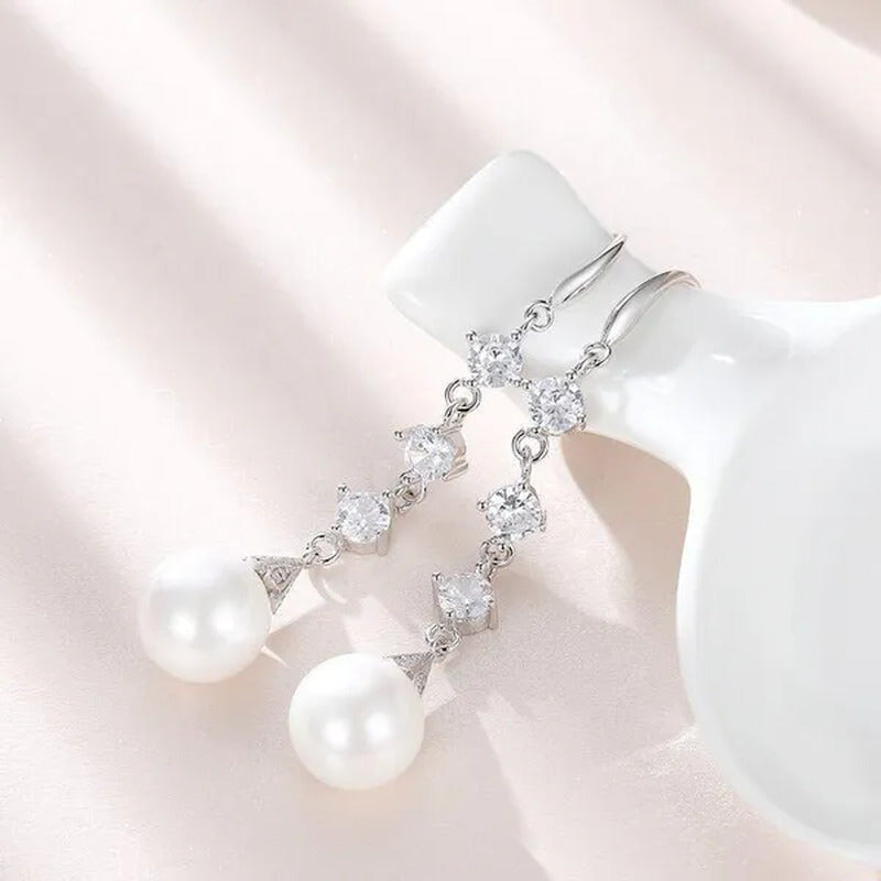 High Quality Temperament White Pearl Eardrop Earrings 925 Sterling Silver Long E