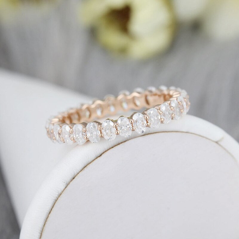 Solid 14K Rose Gold Oval Cut Moissanite Engagement Ring Vintage Full Eternity