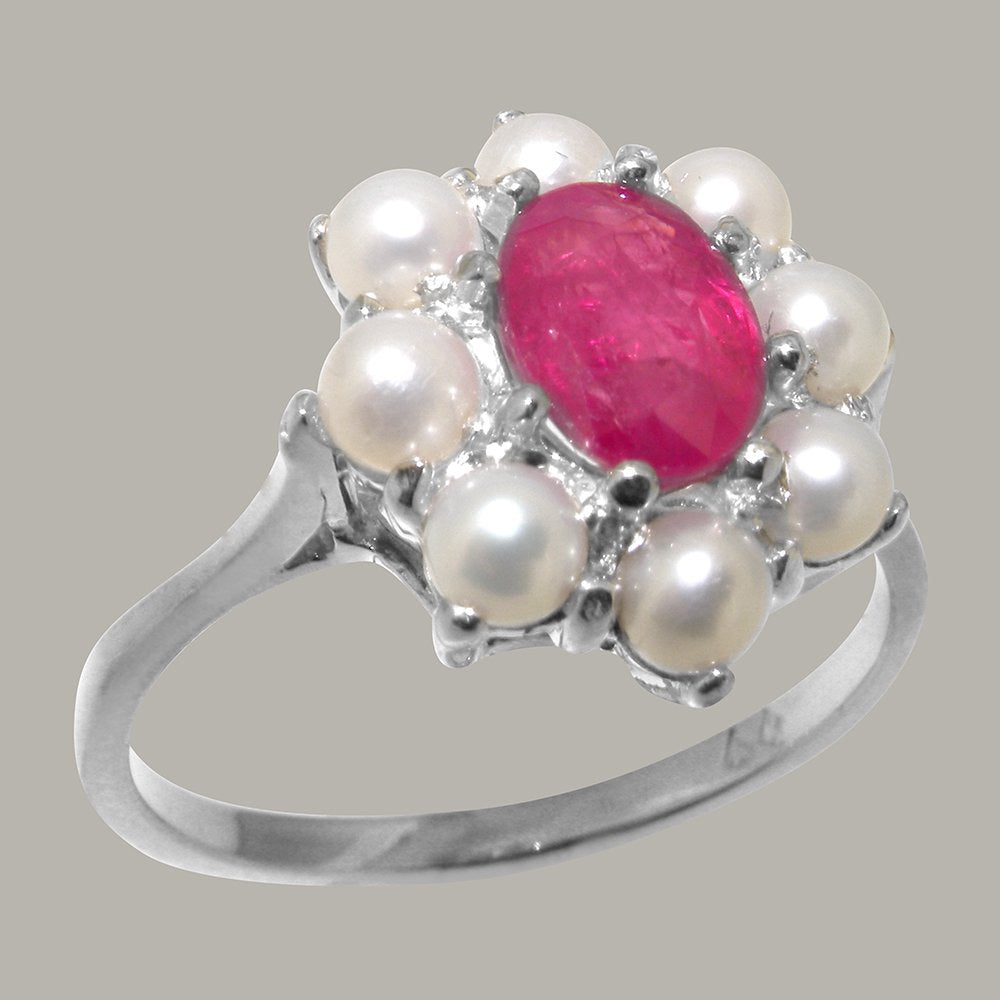 LBG British Made 925 Sterling Silver Natural Ruby & Cultured Pearl Womens Statem