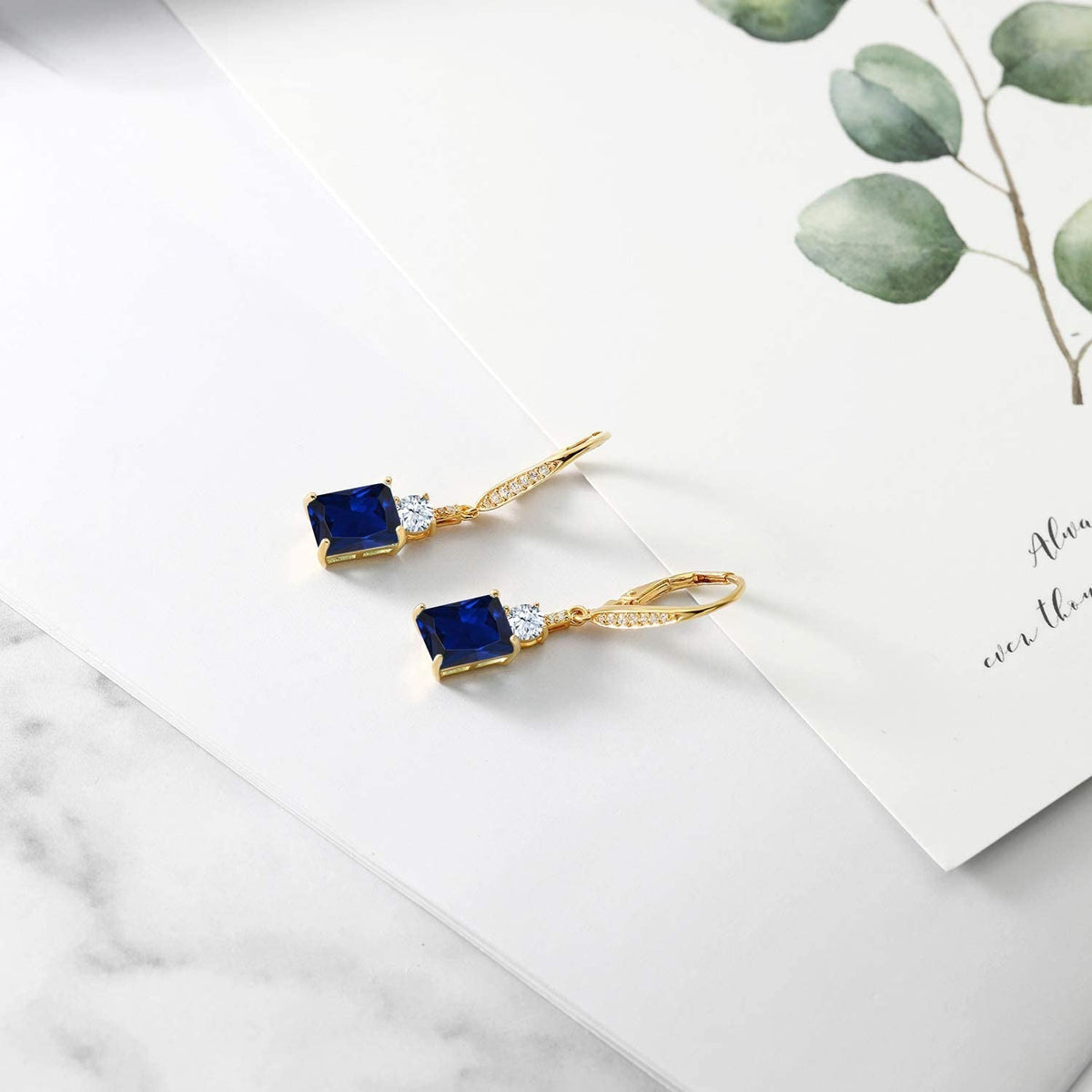 5.40 Ct Octagon Blue Created Sapphire 18K Yellow Gold Plated Silver Dangle Earri