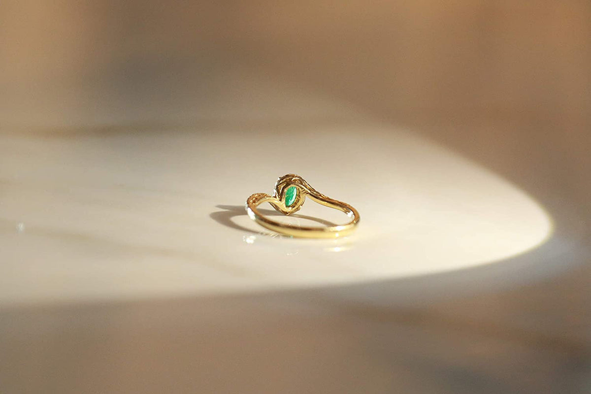 10K Yellow Gold Natural Zambian Emerald Ring with Natural Diamonds for Women | E