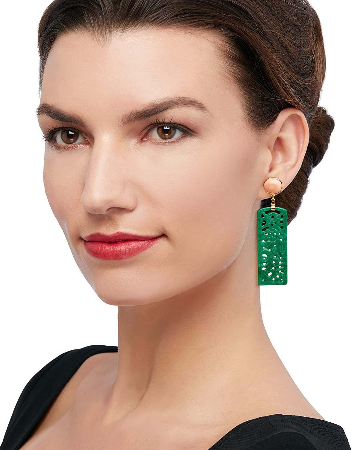 Carved Green Jade and Pink Coral Drop Earrings in 14Kt Gold over Sterling