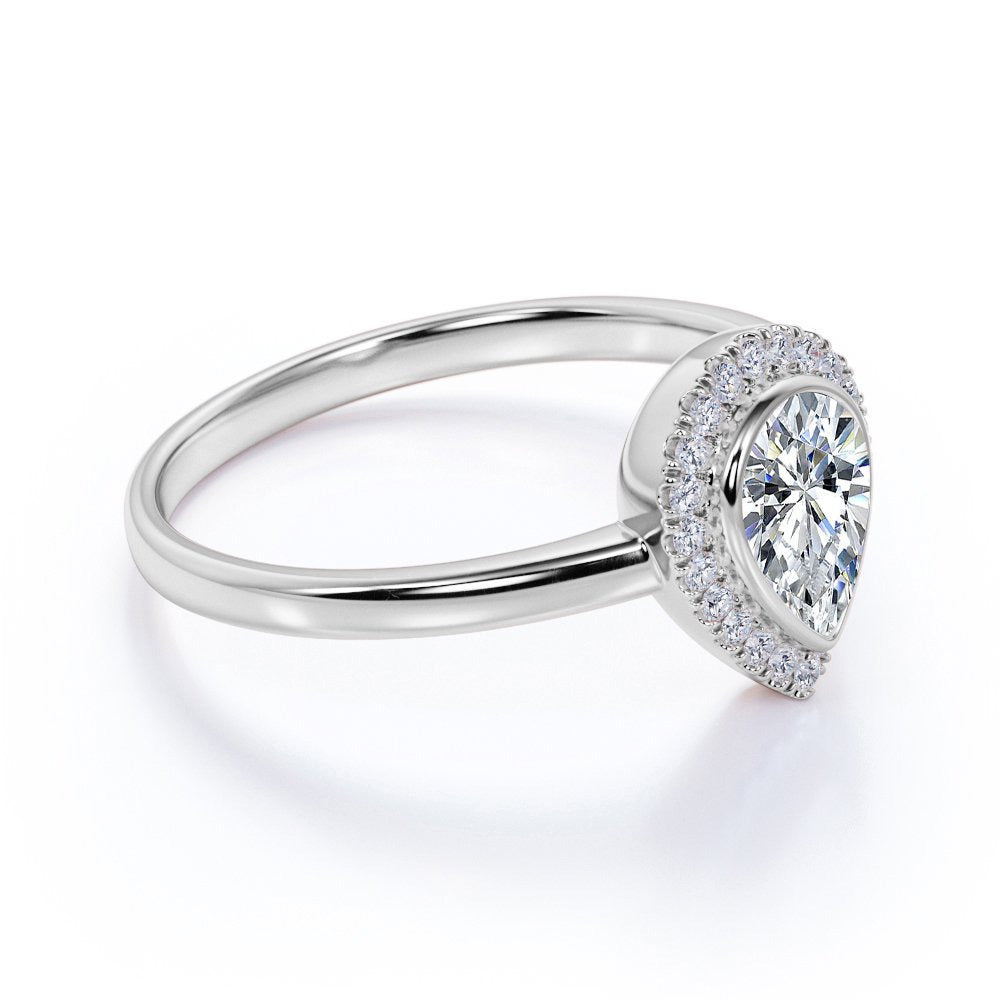 Bezel Set Halo Pear Shaped Diamond Solitaire Wedding Ring in 10K White Gold