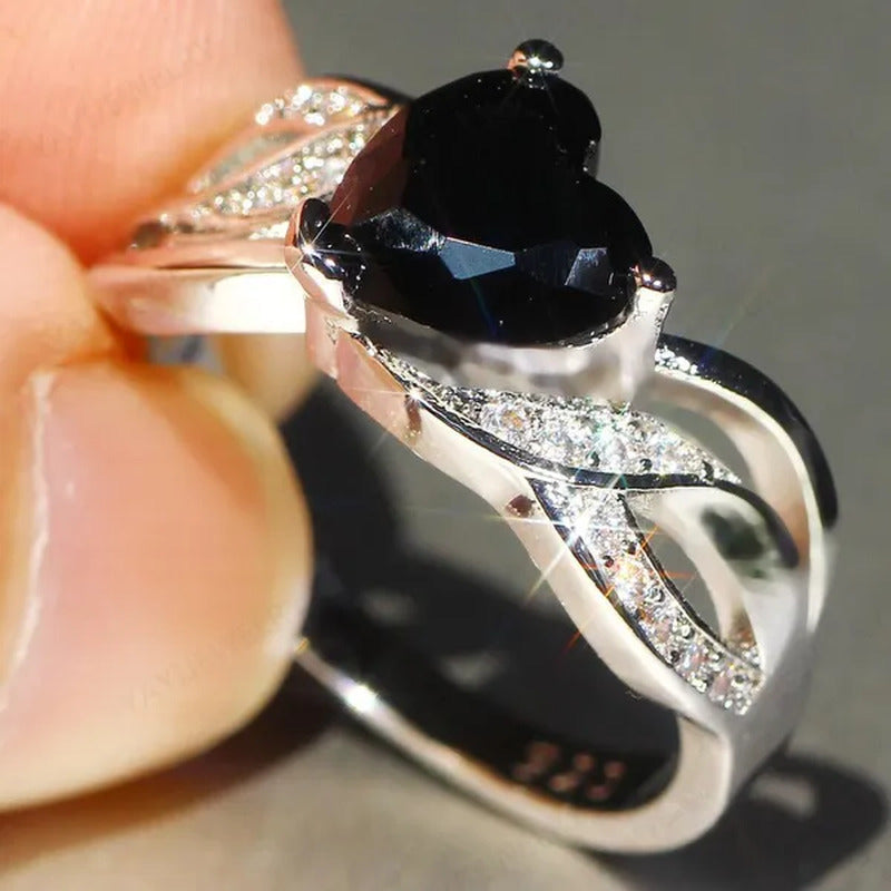 925 Silver Natural Gemstones Black Sapphire Heart Ring Wedding Bride Engagement
