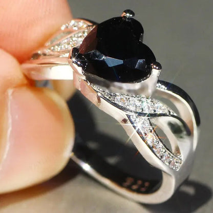 925 Silver Natural Gemstones Black Sapphire Heart Ring Wedding Bride Engagement