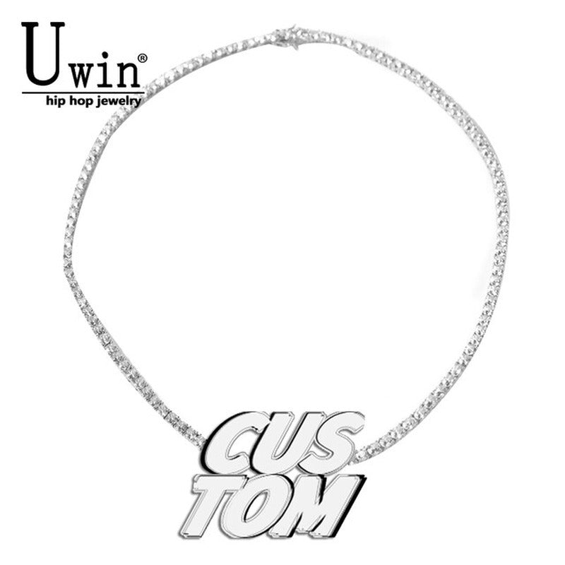 Custom Name Pendant Welded Moon Cuban Chain Necklace Iced Out Pink Framed