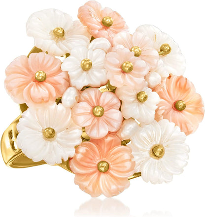 Italian Pink and White Mother-Of-Pearl Flower Ring with Cultured Semi-Baroque Pe