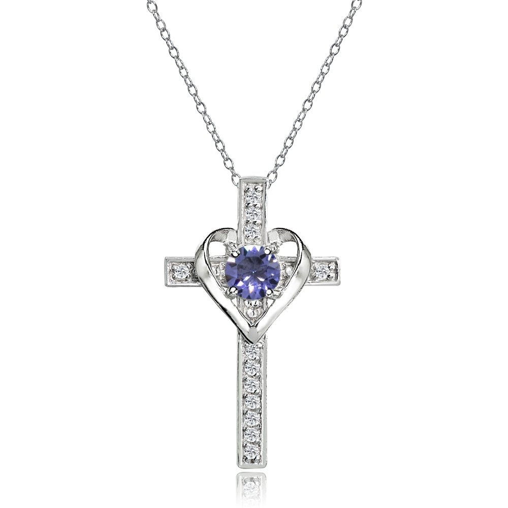 Sterling Silver Tanzanite and White Topaz Heart Cross Birthstone Pendant Necklac