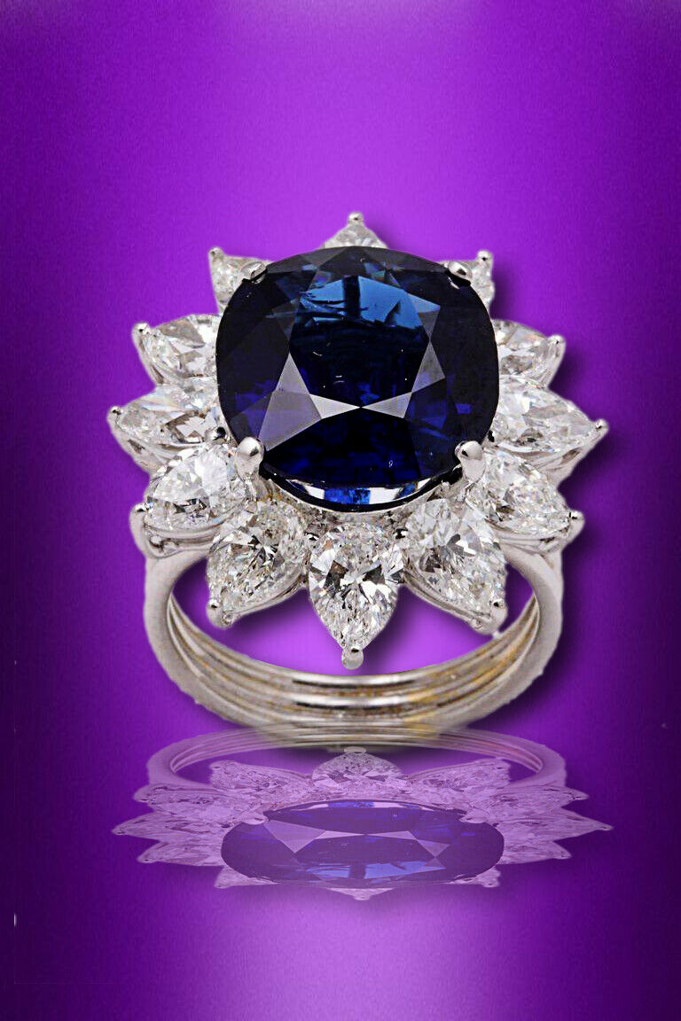 Natural Burma No Heat Blue Sapphire Ring 9.73 ct cushion