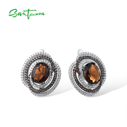 Jewelry Set for Woman Genuine 925 Sterling Silver Sparkling Brown Smoky Glass