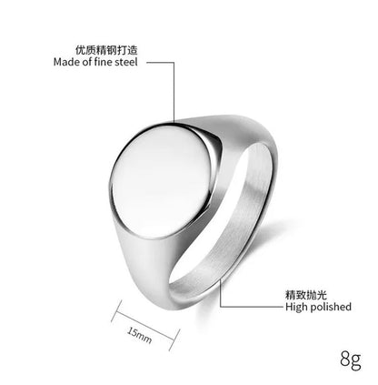 Minimalism Style Punk Rock Highly Polished Titanium Steel round Signet Stamp Rin