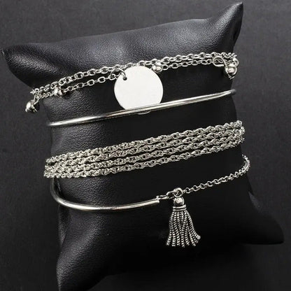 4Pcs/Set New Silver Metal Tassels Sequins Chains Bracelets Set Combination Fashi