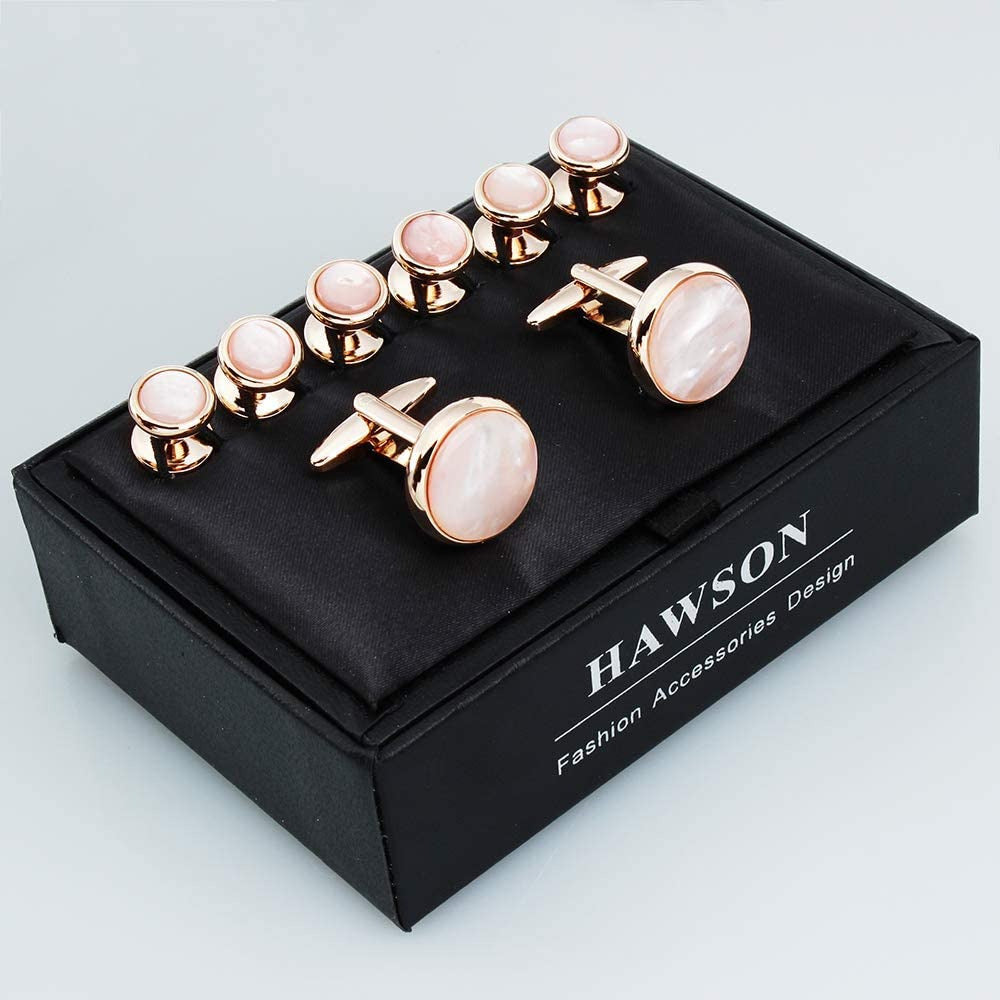 Cufflinks and Tuxedo Studs Set for Men with Gift Box, Rose Gold Tone Mother-Of-P
