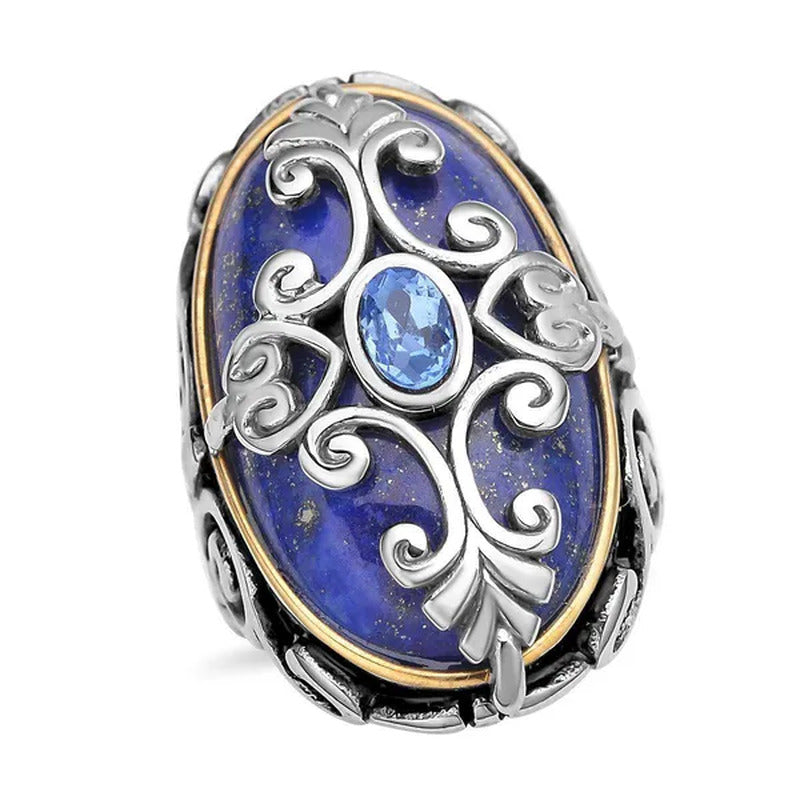 Shop LC Lapis Lazuli Cocktail Statement Ring ION Plated Yellow Gold Floral Blue