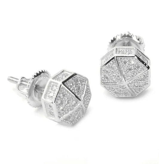 Iced Mirco Pave Lab Diamond CZ Setting Earring Mens Bling Silver Plated Octagon