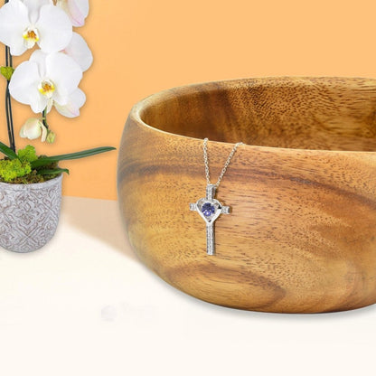 Sterling Silver Tanzanite and White Topaz Heart Cross Birthstone Pendant Necklac