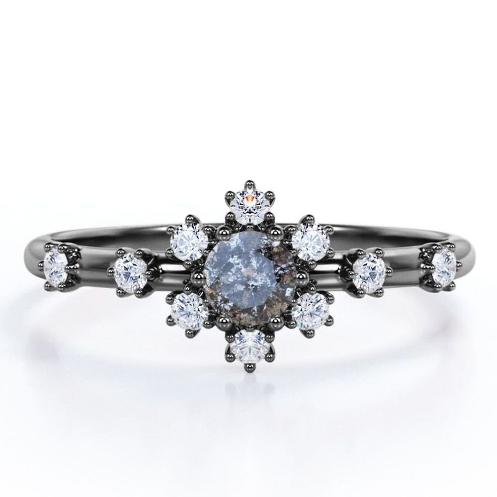 7 Stone Cluster - 0.58 Carat round Shaped Salt and Pepper Diamond with Moissanit