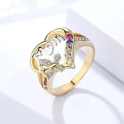 New Women Fashion Heart-Shaped Love Mum Ring Two Tone Gold Silver MOM Character