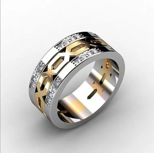 Cool Handsome Gold Silver Inlaid Diamond Two-Tone Men'S Ring Personality Ring Bi