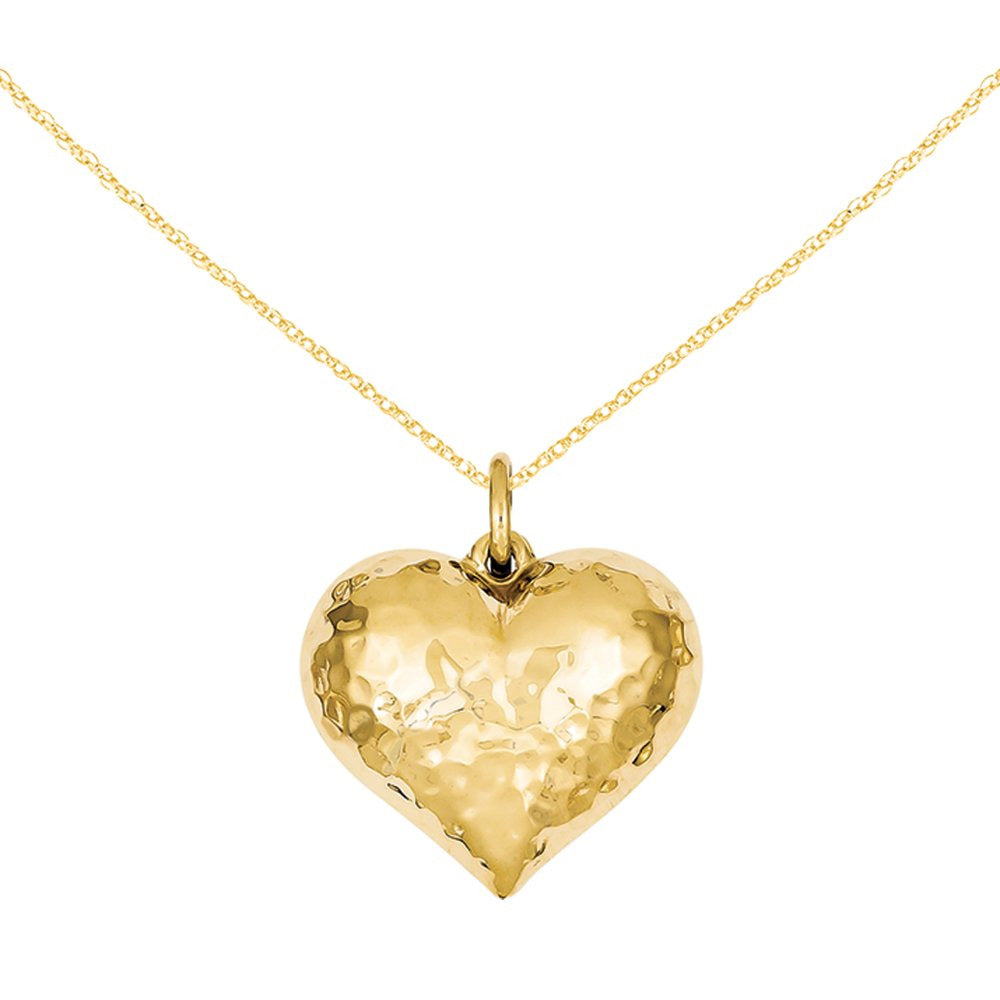 14 Karat Yellow Gold Polished and Hammered Puffed Heart Pendant with 18-Inch Cab
