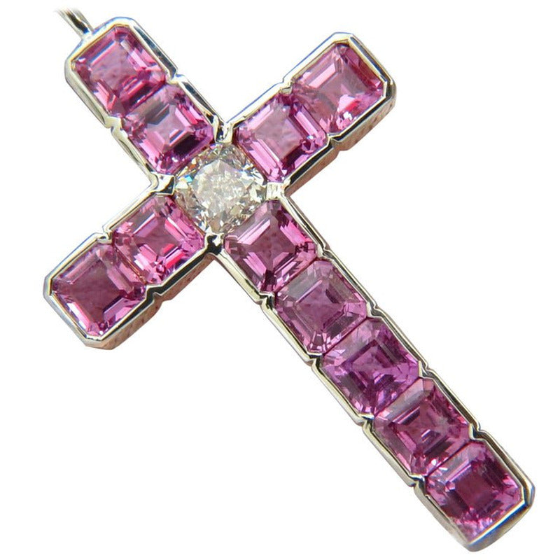 18KT GIA 10.41CT NATURAL PINK SAPPHIRE DIAMOND CROSS PENDANT NECKLACE