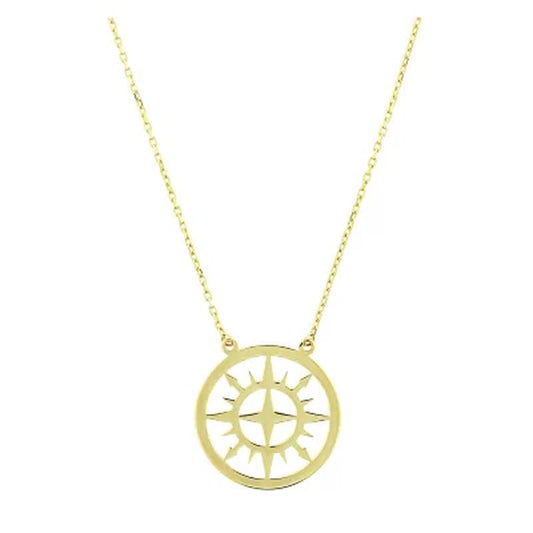 14K Yellow Gold Compass Disk Necklace, 16-18"