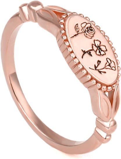 Personalized Custom Vintage Birth Flower Ring Sterling Silver Engrave Month Flow
