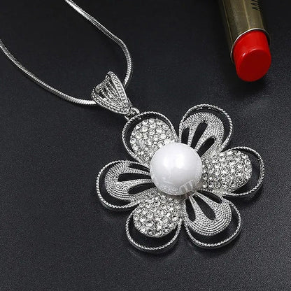 Fashion All-Match Dress Diamond Large Flower Highlight Pearl Sweater Chain Long