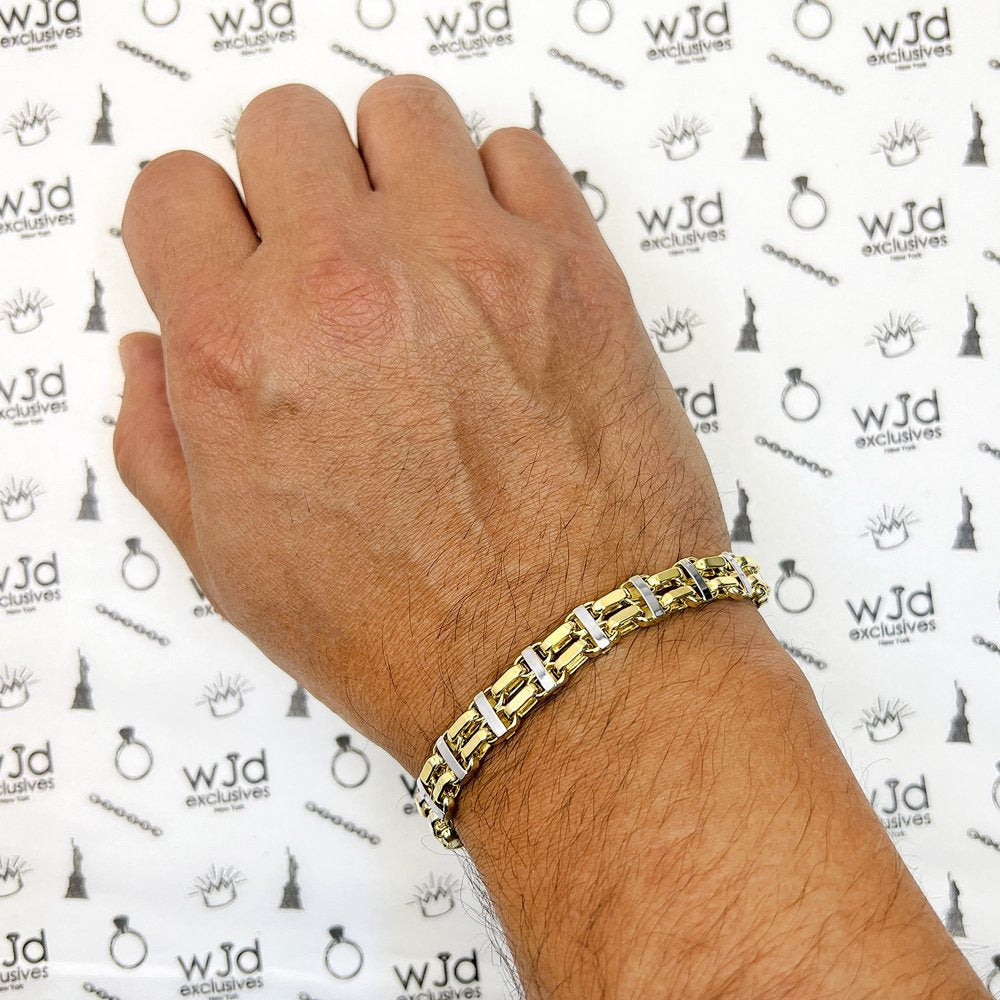 14K Two-Tone Yellow White Gold 8.5Mm Hollow Bike Double Rolo Bracelet 8.5&Quot;