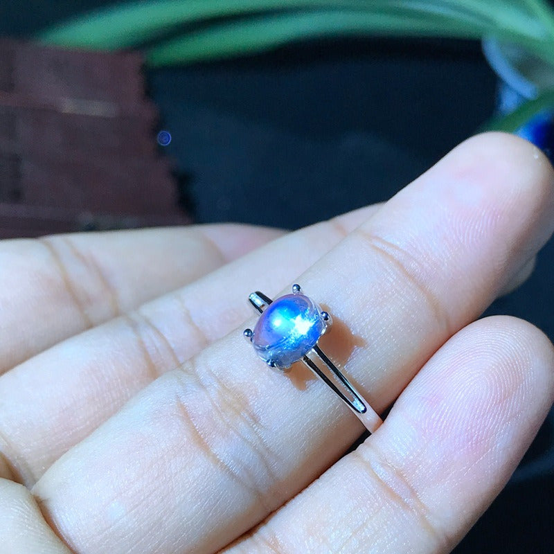 2 Carat Natural Moonstone Ring 925 Silver Inlaid with Blue Glass Body