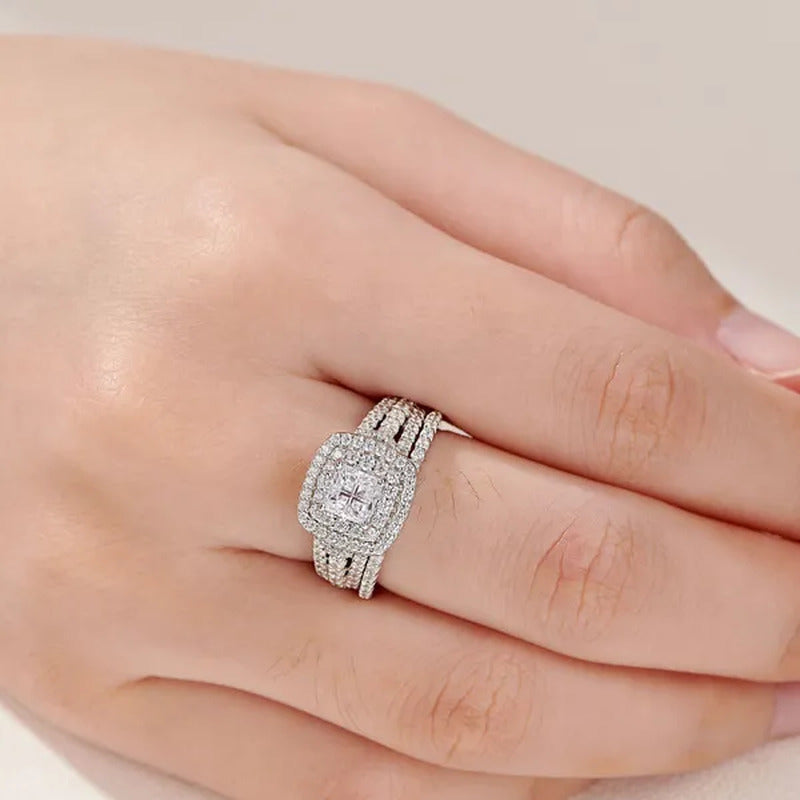 Newshe 925 Sterling Silver Halo Cross Cut Princess Cubic Zirconia Wedding Ring S