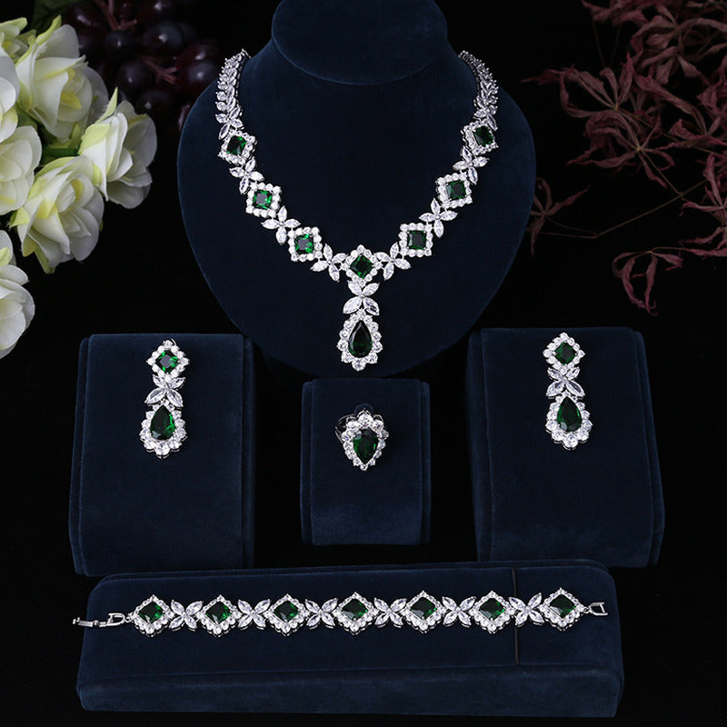 Exaggerated Water Drop Zircon Necklace Earrings Bracelet Ring Four-Piece Set