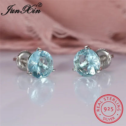 8MM 925 Silver/14K Gold/Rose Gold round Cut Light Aqua Blue Aquamarine Stud Earr